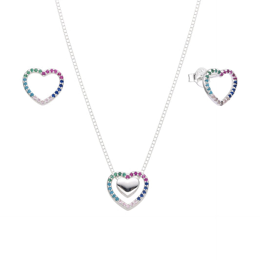 Set de Corazones Multicolor en Plata 925 – Cadena con dije y Aretes